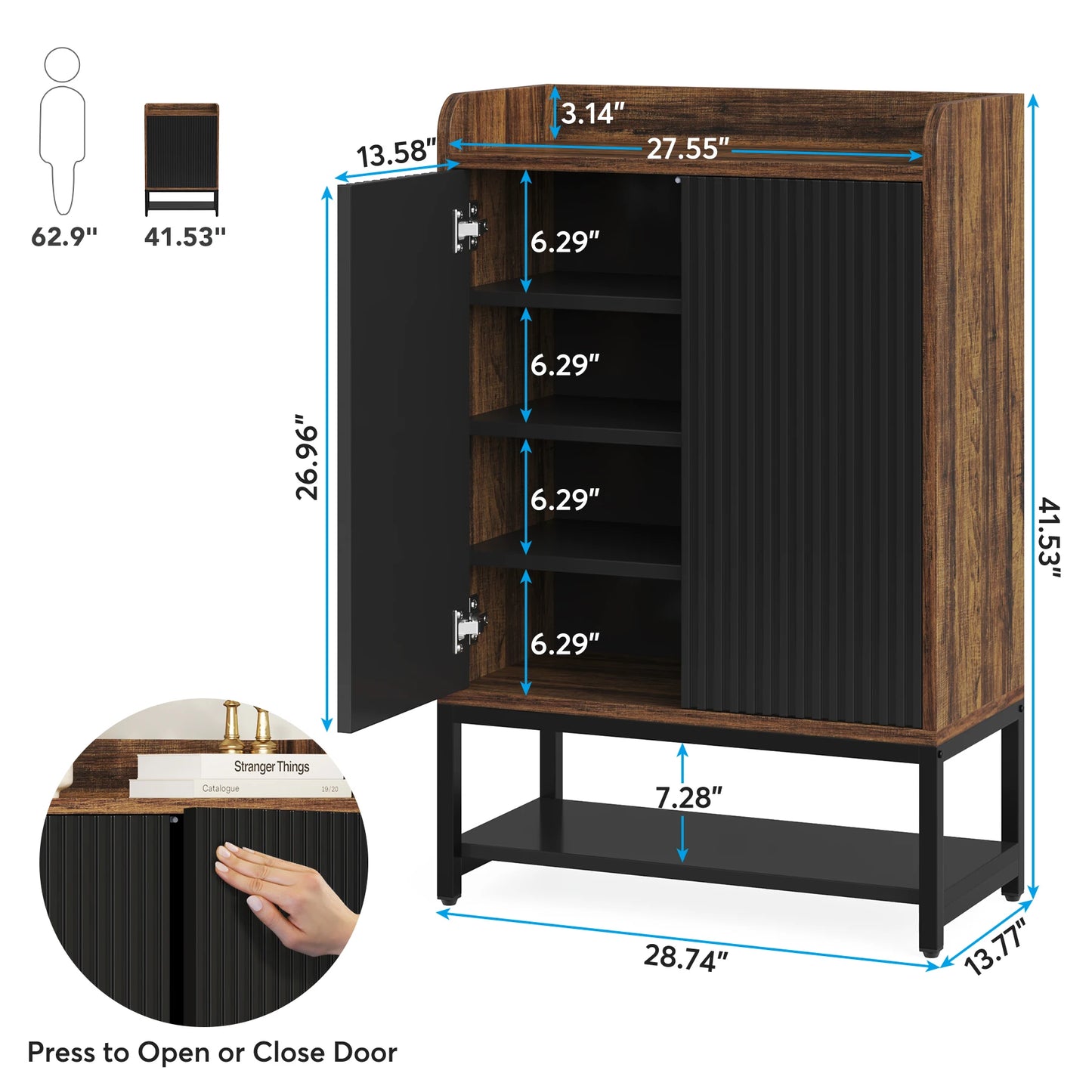 Schoenenkast – Schoenenrek – Schoenenopberger – Schoenenbank – Opbergkast – Hout – 5 Niveaus – Druk-open Deuren – Compact 73x35x105 cm - QUORE