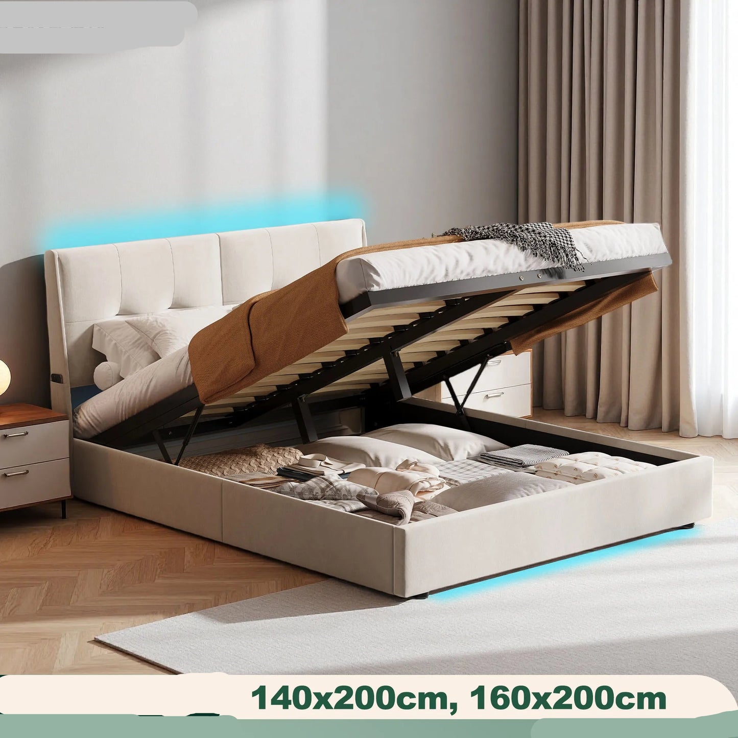 Bed – Modern Bed – Opbergbed – Slaapbed – Velvet Bed – LED-Verlichting – Ruime Opbergruimte