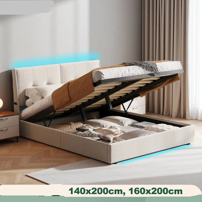 Bed – Modern Bed – Opbergbed – Slaapbed – Velvet Bed – LED-Verlichting – Ruime Opbergruimte