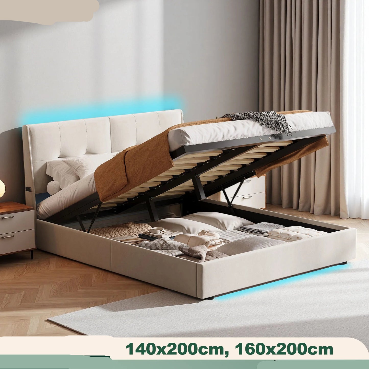 Led Boxspringbed – Boxspringbed Met Led Verlichting – Opbergbed – Slaapbed – Velours Bekleding – Verstelbare Led Lichtstrips – Gasveer Opbergruimte