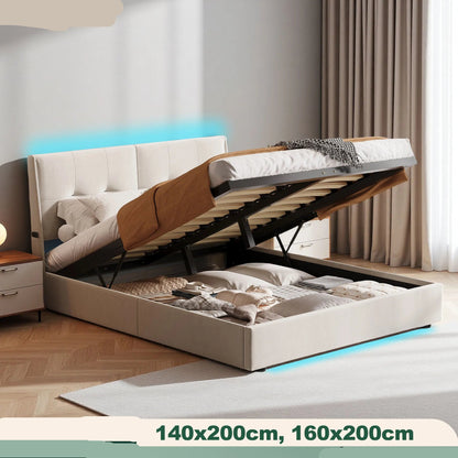 Led Boxspringbed – Boxspringbed Met Led Verlichting – Opbergbed – Slaapbed – Velours Bekleding – Verstelbare Led Lichtstrips – Gasveer Opbergruimte