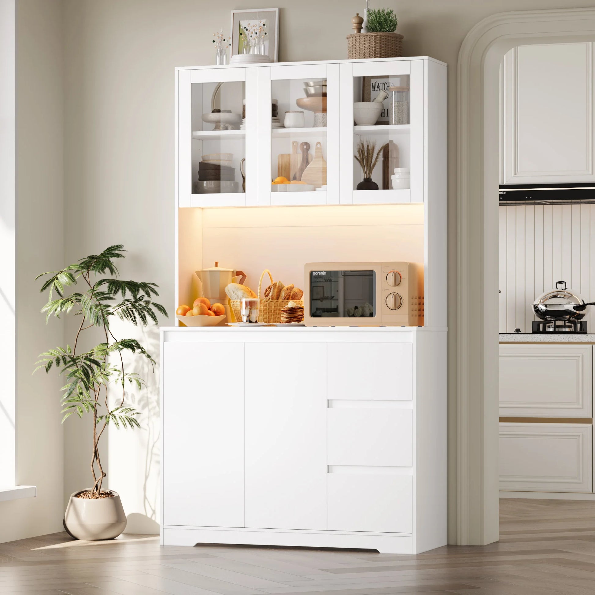 Keukenbuffet – Keukenkast – Buffetkast – Keukenopberger – Keukenmeubel – Wit – Met LED-verlichting – Stopcontacten met USB – 180 cm Hoog – 6 Verstelbare Planken – 3 Lades - QUORE