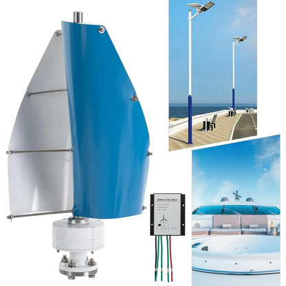 Windturbine – Windgenerator – Windmolen – Duurzame Energie – 500W Vermogen – IP67 Bescherming – Fluisterstil Minder Dan 62 dB - Blauw & Wit
