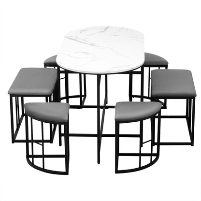 Eettafelset – Eettafel Met Krukjes – Eettafel Incl. Kruk – Moderne Eettafel – Marmerlook Tafelblad – Stevig MDF Frame - Grijs