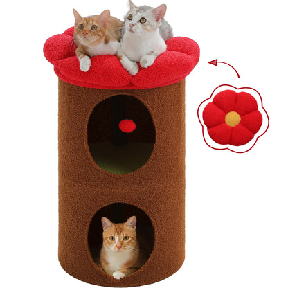 Kattenhuis - met 2 Verdiepingen - Binnen – Houten bed - met Afneembaar Bloemenkussen - Ruime Kattengrot - Hangspeeltje - Krabpaal - 73cm Hoog - Bruin