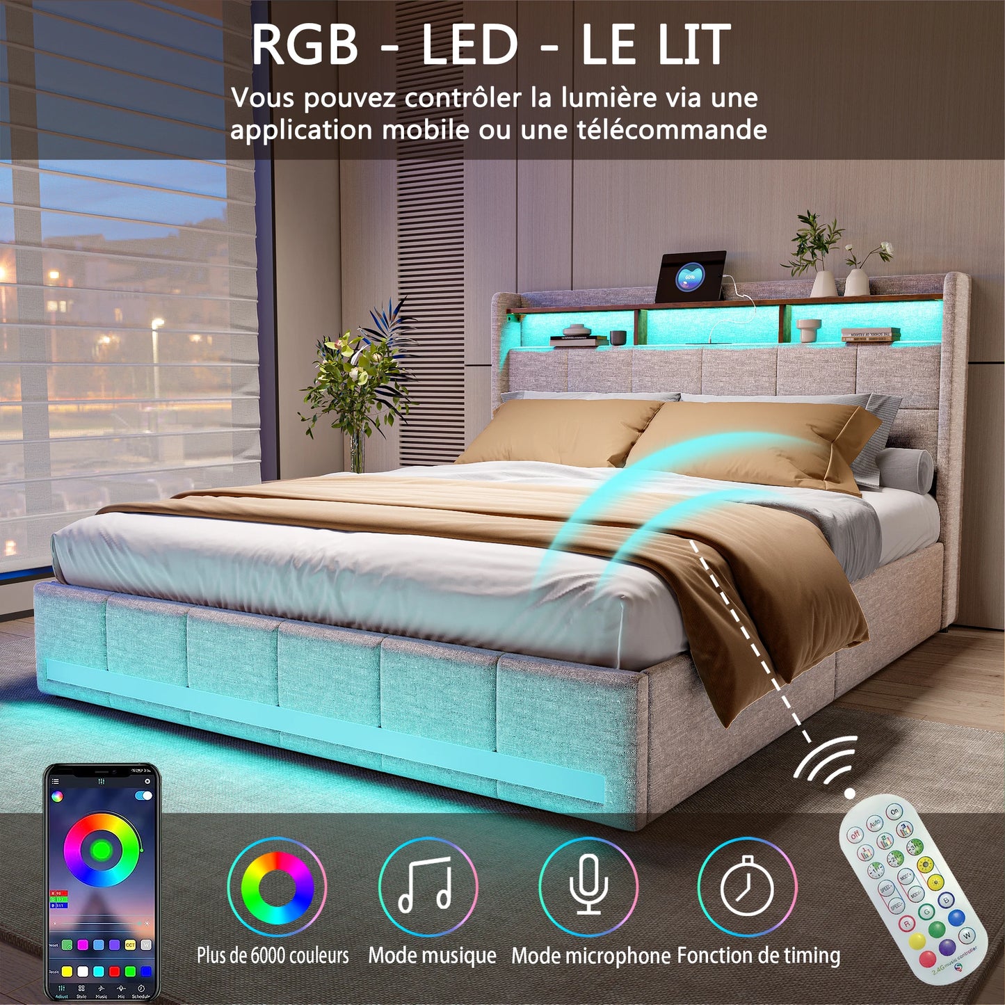 Anajqaqia 160×200 cm Upholstered Double Bed, with 4 Drawers Bed Frame, with USB Charging Station and LED Headboard, Linen, Beige