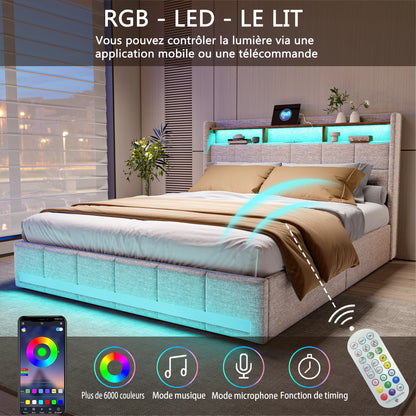 Anajqaqia 160×200 cm Upholstered Double Bed, with 4 Drawers Bed Frame, with USB Charging Station and LED Headboard, Linen, Beige