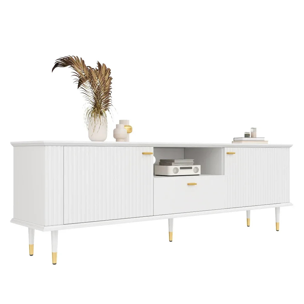 tv-meubel – tv-kast – televisie meubel – dressoir – mediameubel – wit gelakt MDF – soft-close deuren en lades – goudkleurige metalen poten - QUORE
