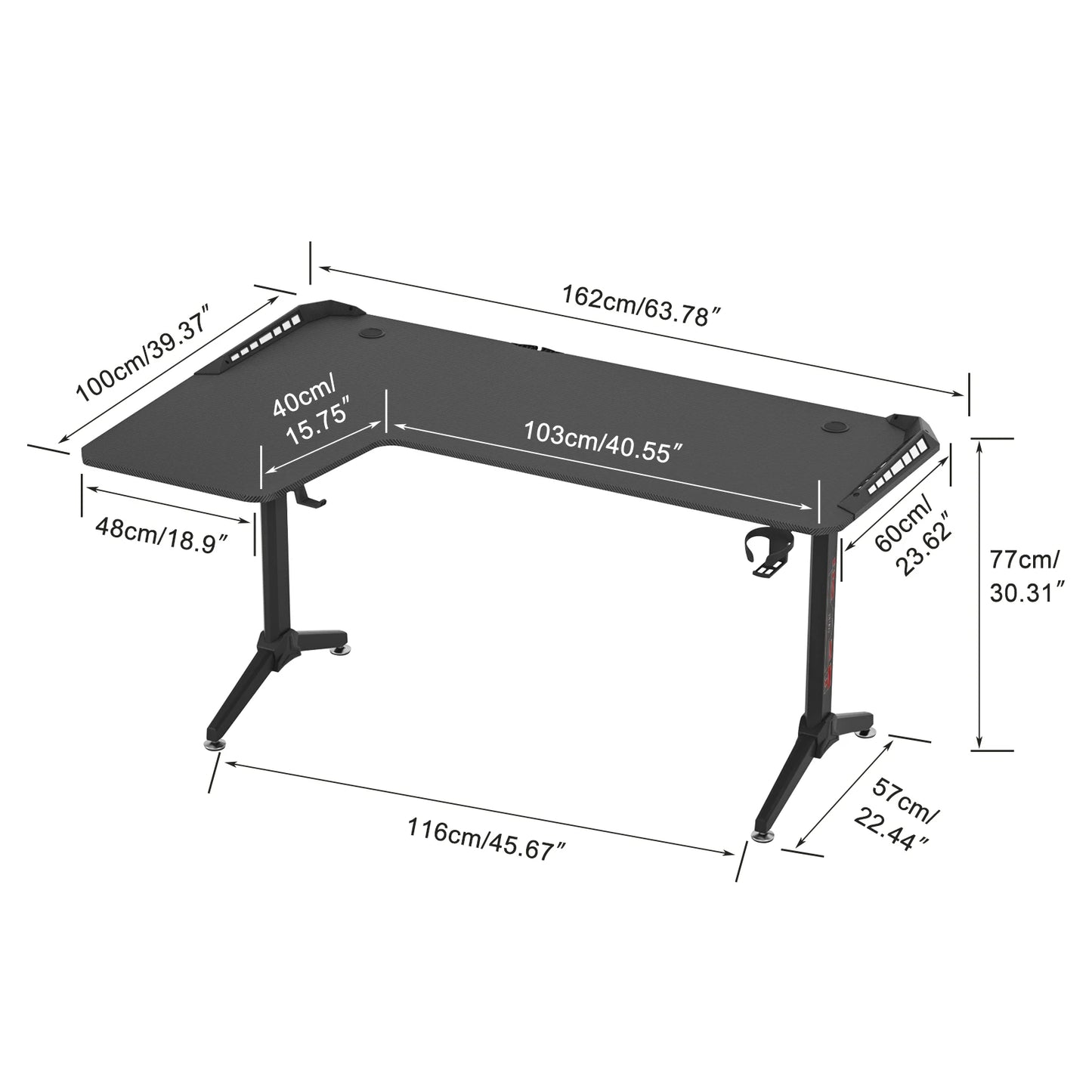Gaming Bureau - Gaming Desk - Gaming Tafel - Computertafel - Computer bureau - XXXL Hoek Bureau – L-Vormig Computerbureau met RGB Verlichting, Bekerhouder & Koptelefoonhaak