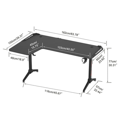 Gaming Bureau - Gaming Desk - Gaming Tafel - Computertafel - Computer bureau - XXXL Groot Bureau – R-Vormig Computerbureau met RGB Verlichting, Bekerhouder & Koptelefoonhaak