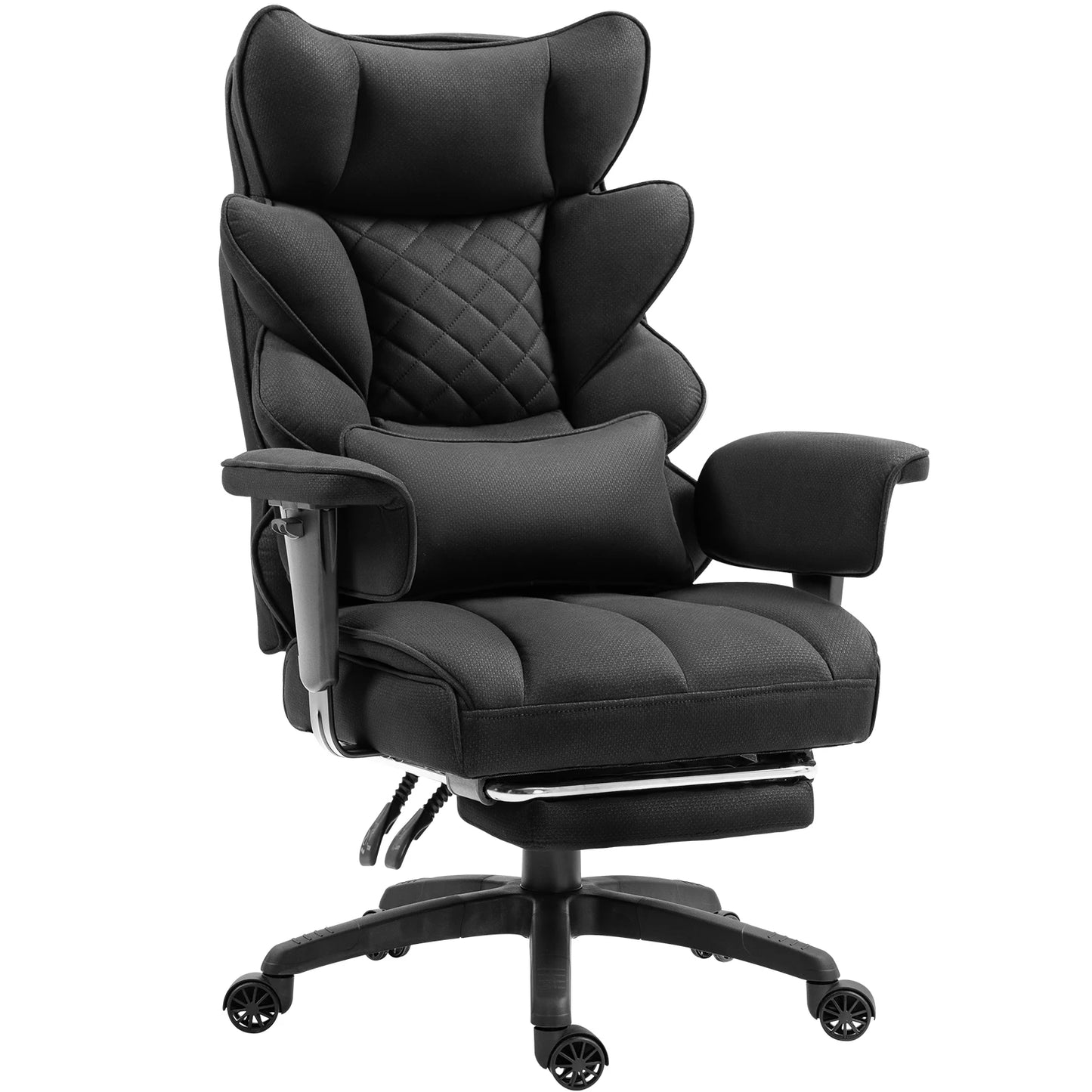 Ergonomische Bureaustoel - Loungestoel - Gamingstoel - met Pocketvering - en Lendensteun - Verstelbare Hoge Rugleuning - Comfortabele Kantoorstoel - met Armleuningen - Draai- en Roldesign - Voor Gaming & Thuiswerken - Zwarte Stof