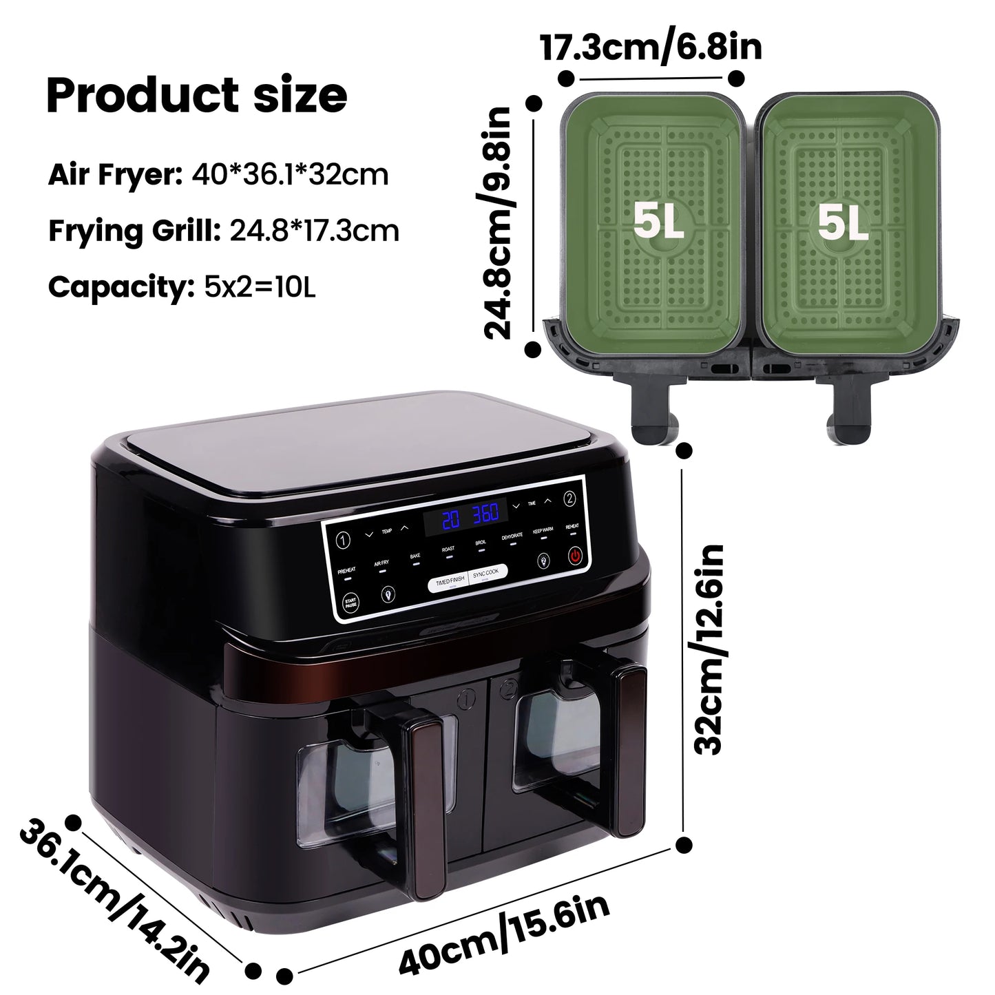 Heteluchtfriteuse 10L – Airfryer - Dubbele Lades – 2000W - 240V - Touchscreen – 8 Automatische Programma's – Kijkvenster - Zwart - QUORE