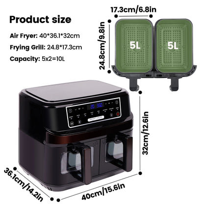 Heteluchtfriteuse 10L – Airfryer - Dubbele Lades – 2000W - 240V - Touchscreen – 8 Automatische Programma's – Kijkvenster - Zwart - QUORE