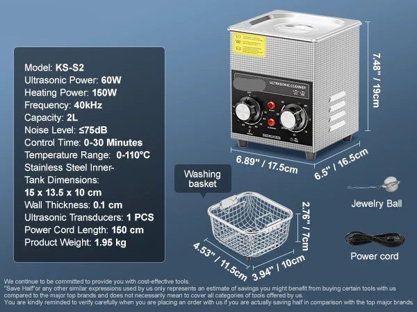 Ultrasone reiniger - wasmachine - ultrasone reiniger - ultrasone reinigingsbril - 2 liter - met verwarmingstimer voor laboratoriumgereedschap metalen onderdelen carburateur messing auto-onderdelen motoronderdelen - QUORE