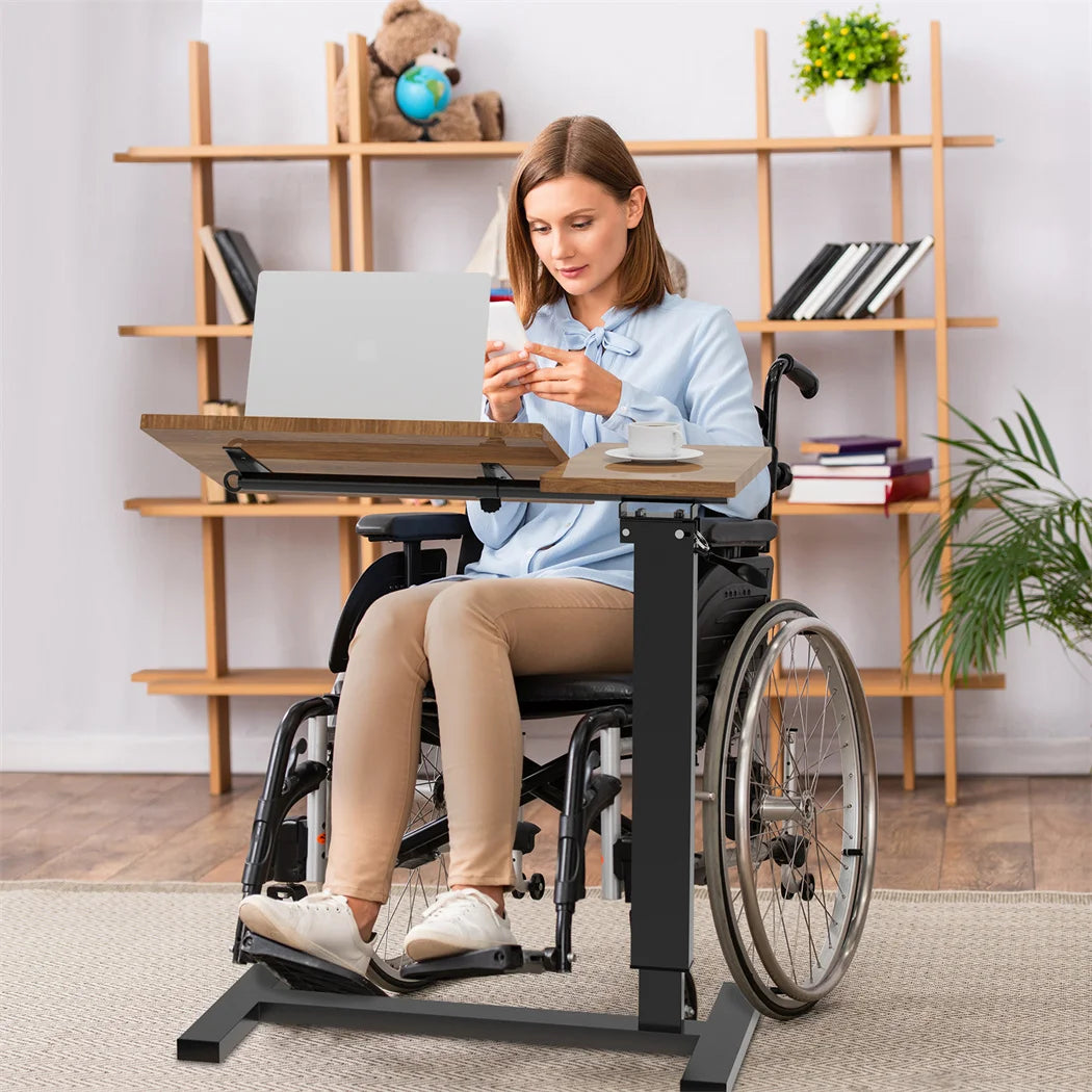 Laptoptafel - Bijzettafel - Bedtafel - Laptopstandaard - Op Wielen - In hoogte verstelbaar - Metaal - Hout - Kantelbaar - QUORE