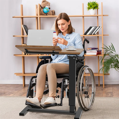 Laptoptafel - Bijzettafel - Bedtafel - Laptopstandaard - Op Wielen - In hoogte verstelbaar - Metaal - Hout - Kantelbaar - QUORE