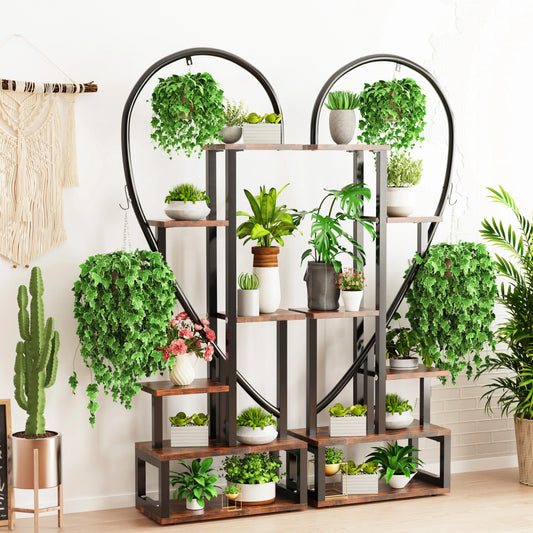 Plant Rack - Plant Racks - Plant Steps - 6 Tier - Half Heart Shape - Set of 2 - Industrial Plant Stand - Indoor &amp; Outdoor - Space-Saving Flower Rack - Sturdy &amp; Durable - 112x28x165cm - Metal - Black and Brown