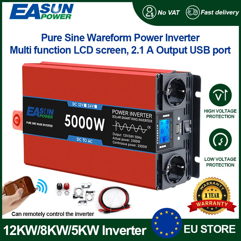 Omvormer – Spanningsomvormer – Stroomomzetter – Power Inverter – 5000W 24V Naar 220V – Pure Sinusgolf Met LED-Display – Compact & Krachtig - QUORE