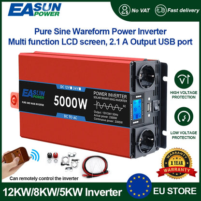 Omvormer – Spanningsomvormer – Stroomomzetter – Power Inverter – 5000W 24V Naar 220V – Pure Sinusgolf Met LED-Display – Compact & Krachtig - QUORE