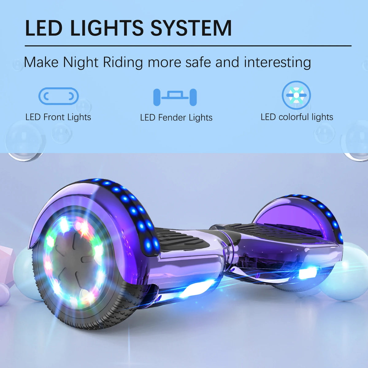 RCB - Hoverboard - Oxboard - voor Kinderen en Volwassenen - 6,5 inch - Kleurrijke LED-verlichting - Segways met Bluetooth - Chroom Paars - QUORE