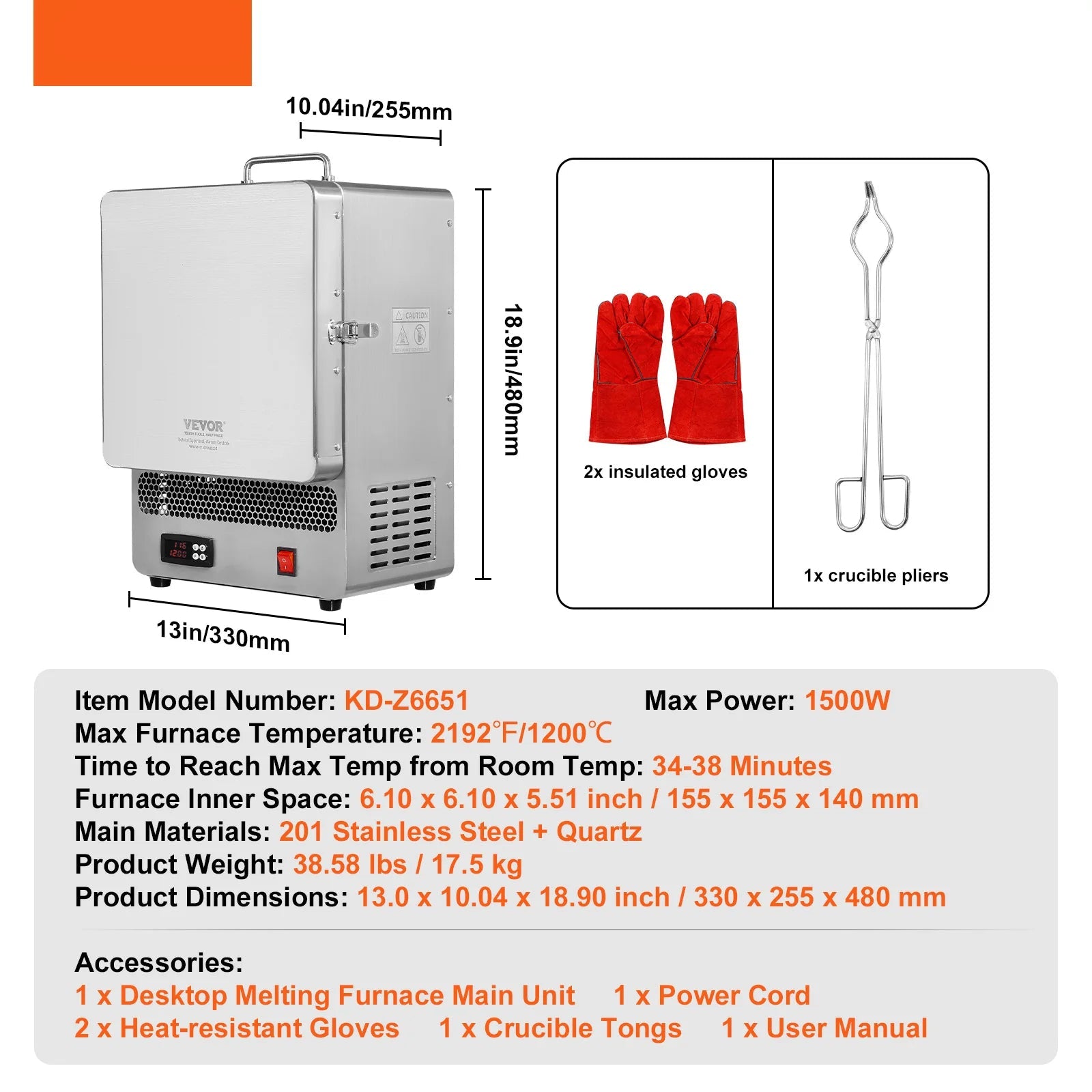 Elektrische Smeltoven – Smeltkroes – Smeedoven – Smeltoven Metalen – Edelmetaal Oven – 1500W Vermogen – Digitale PID Temperatuurregeling - QUORE