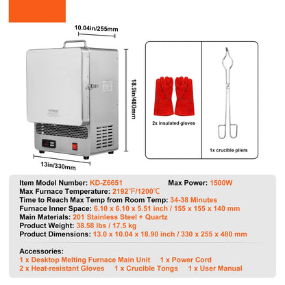 Elektrische Smeltoven – Smeltkroes – Smeedoven – Smeltoven Metalen – Edelmetaal Oven – 1500W Vermogen – Digitale PID Temperatuurregeling - QUORE