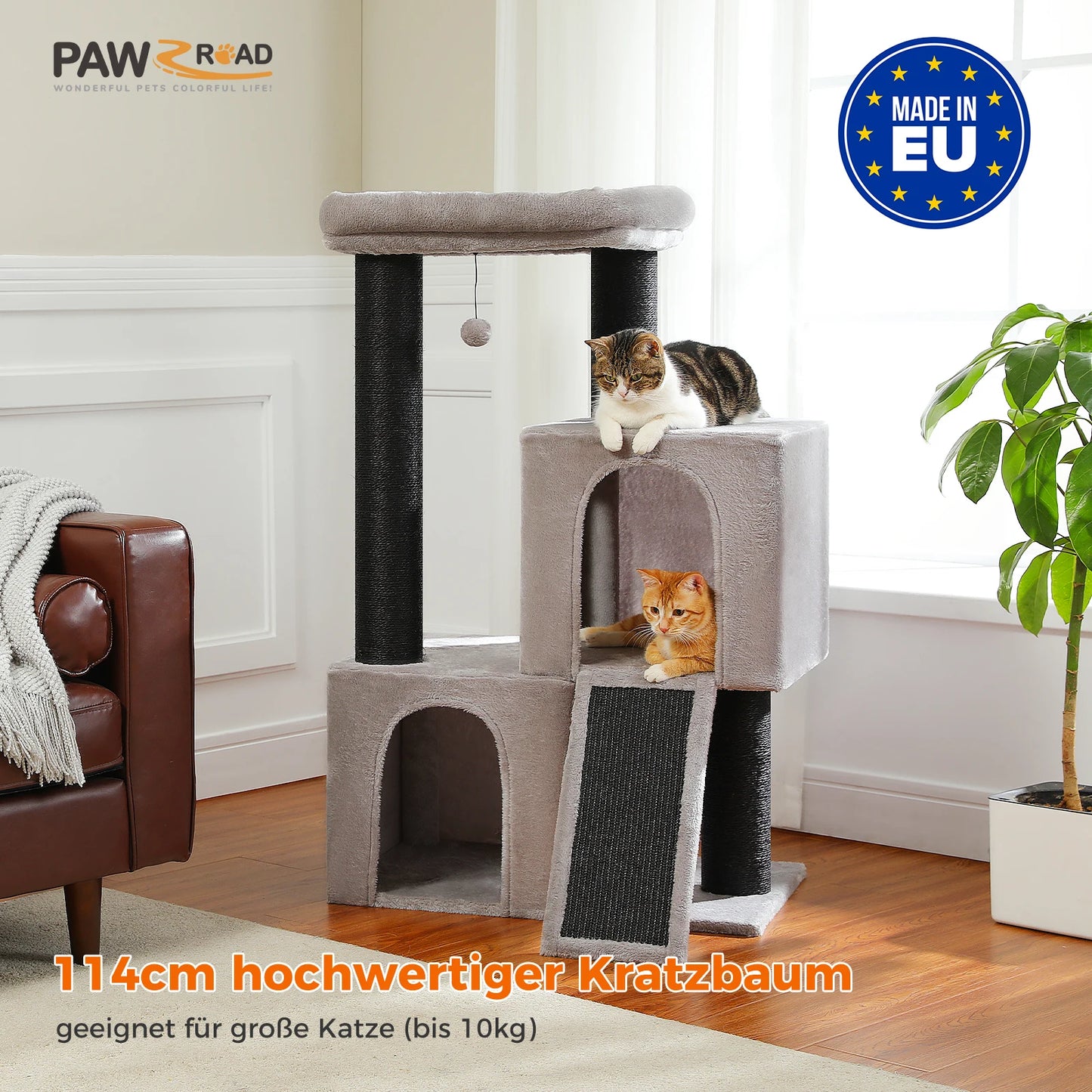 Tall Cat Tree with Condo Hammock Bed Large Cat Sisal Scratching Post for Indoor Multi-Level Cat Tower with Plush Perch Play Ball