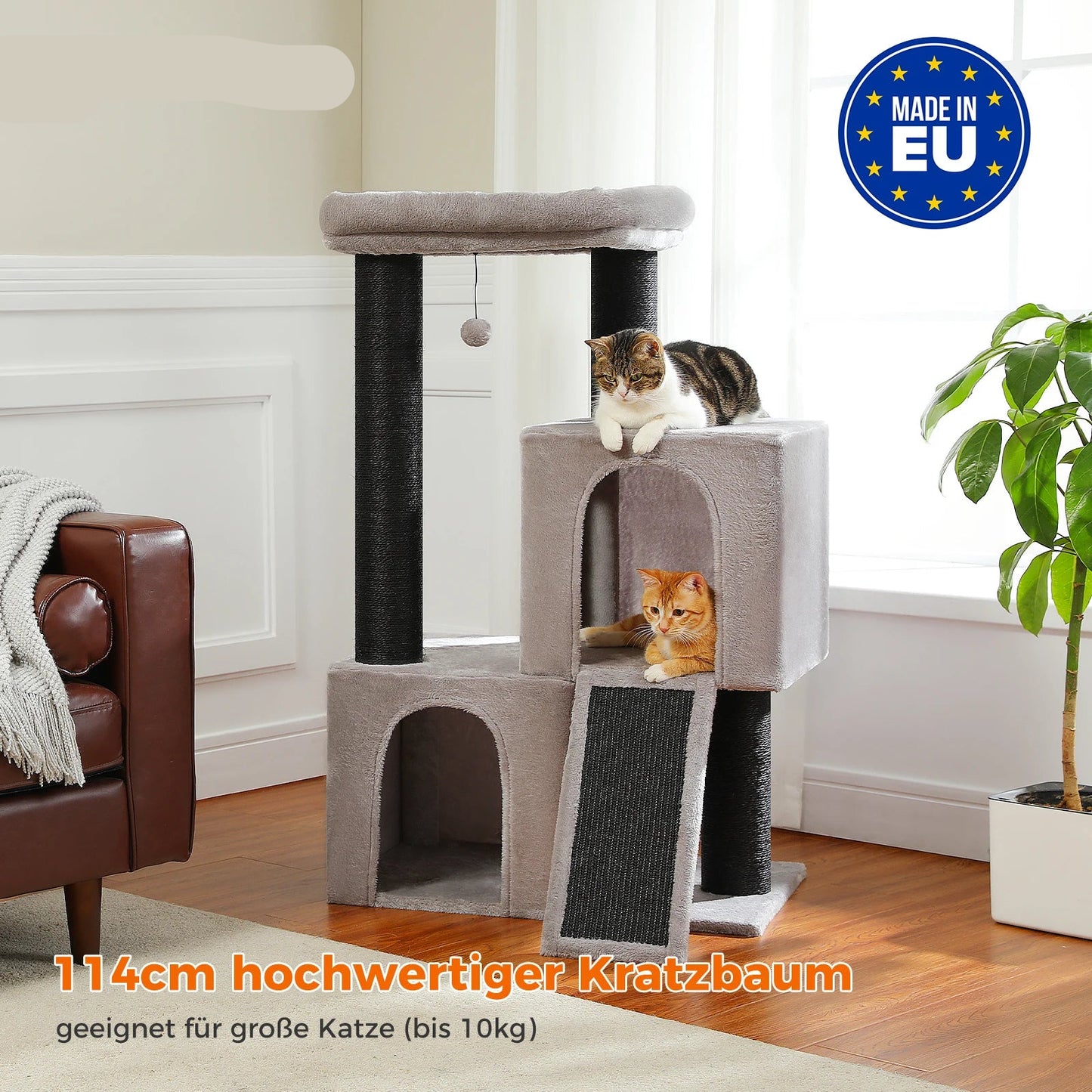Kattenboom - voor Grote Binnenkatten – Krabpaal - Hoog Kattenmeubel - met Sisal Krabpalen - Condo Hangmat - Meerdere Verdiepingen – Arbre a Chat - met Pluche Perch Speelbal - 170cm - Grijs