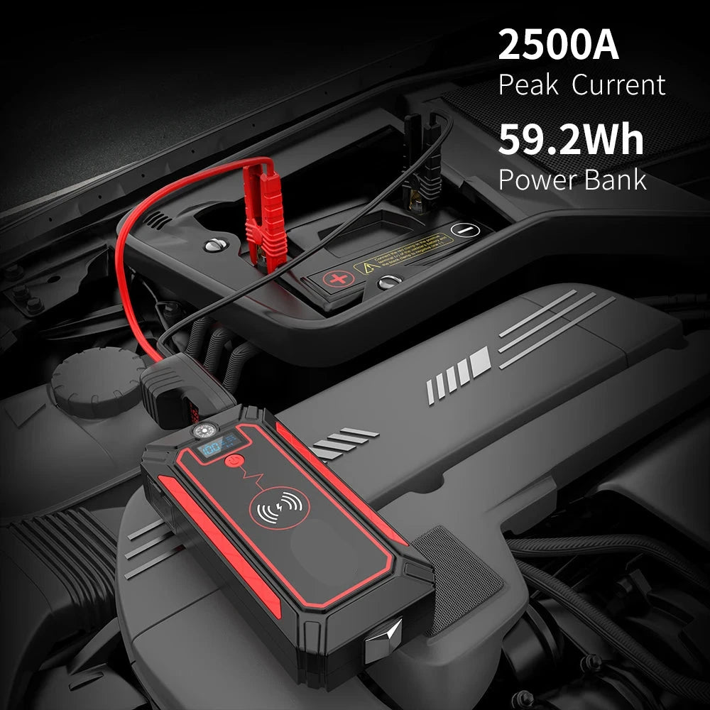 Jumpstarter - Car Jumpstarter - 10W - 2500A - Car Starting Device - Jumpstarter with Powerbank, SOS Emergency Light, Wireless Charging &amp; Safety Hammer - Black