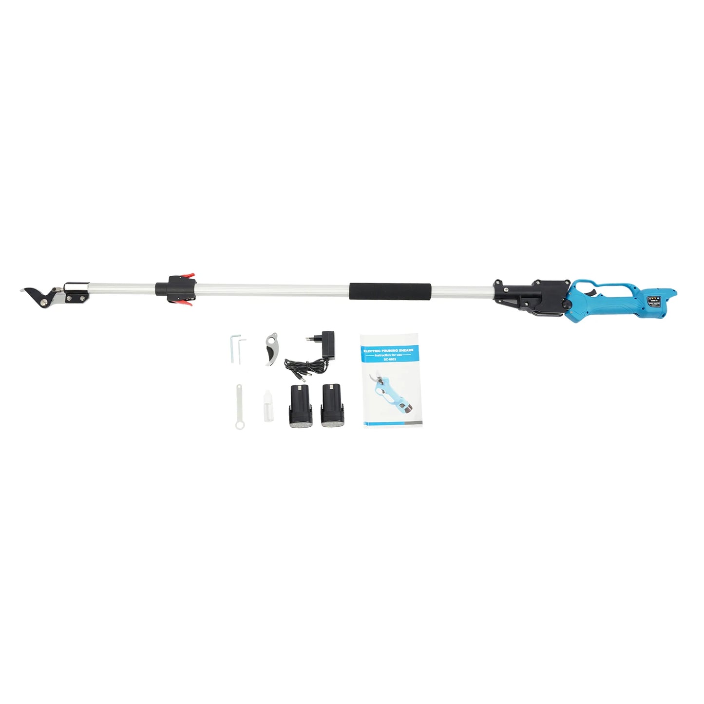 Elektrische Snoeischaar – Snoeigereedschap – Takkenknipper – Tuinschaar – Lithium Snoeischaar – Telescopische Steel 1,44-2m – SK5 Stalen Bladen 0-25mm – Blauw - QUORE