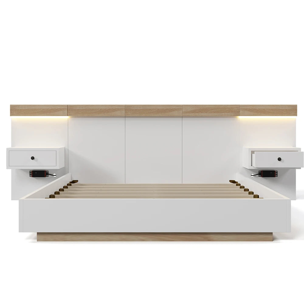 Tweepersoonsbed – Bed – Ledikant – Slaapbank – Bedframe – 180x200 cm – Massief Hout – Ingebouwde USB-C & LED Nachtkastjes - QUORE