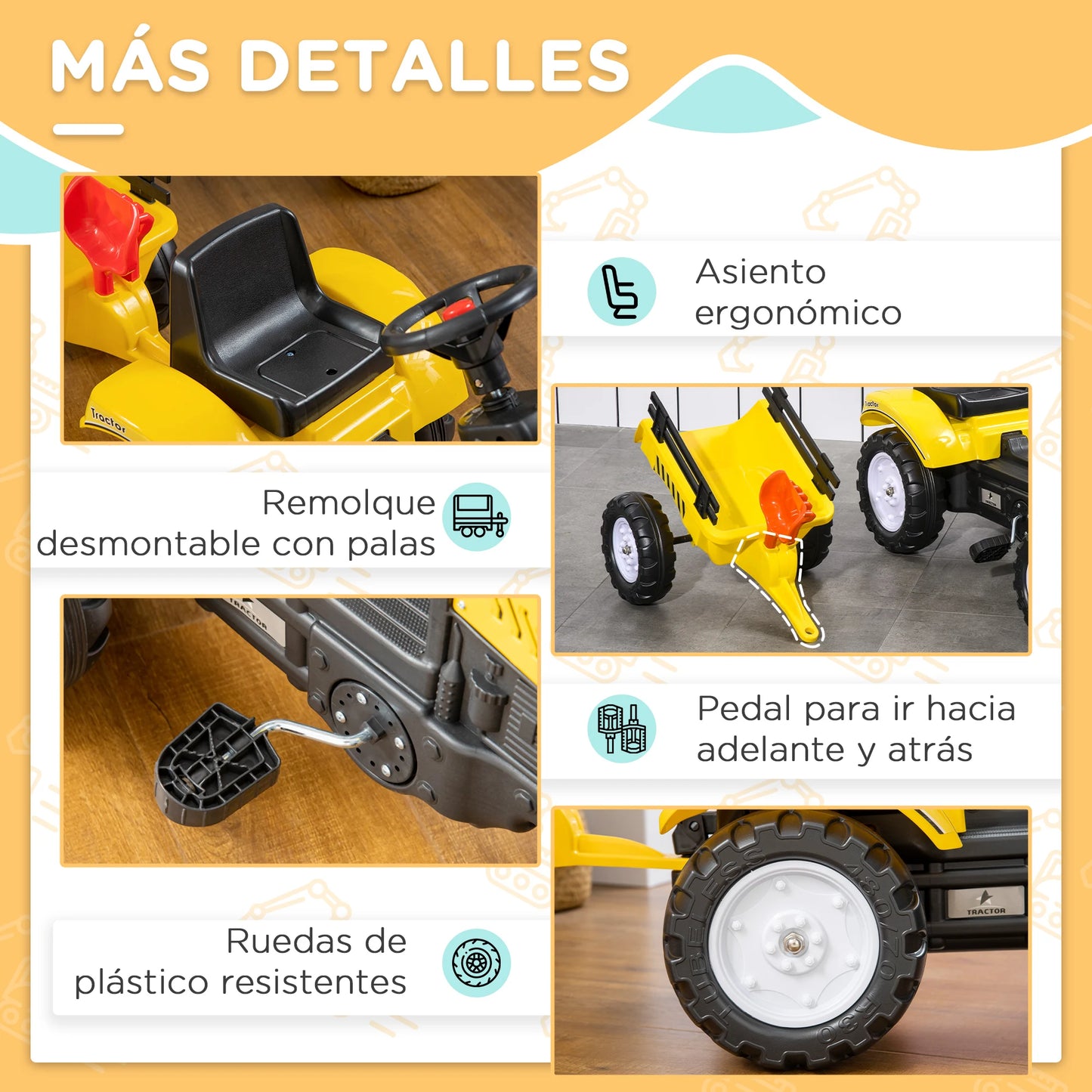 Homcom Pedal Tractor for Children 3 Years Old with Trailer Pedal Car Riding Toy Load 35 kg 133X42X51 cm Yellow