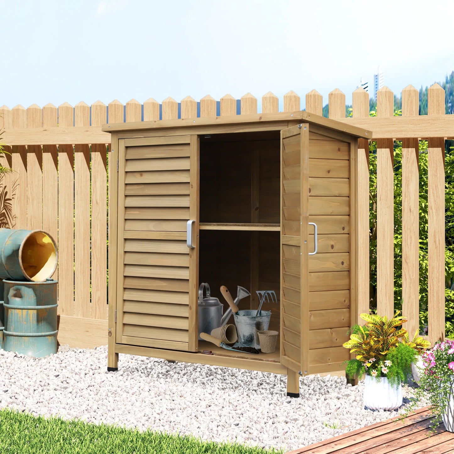 Tuinhuisje – Tuinkast – Tuinberging – Tuinschuur – Berging – Hout – Schuin Dak – Ruime Opbergruimte - 79 x 46.5 x 96.5 cm - Natuurlijk Hout - QUORE