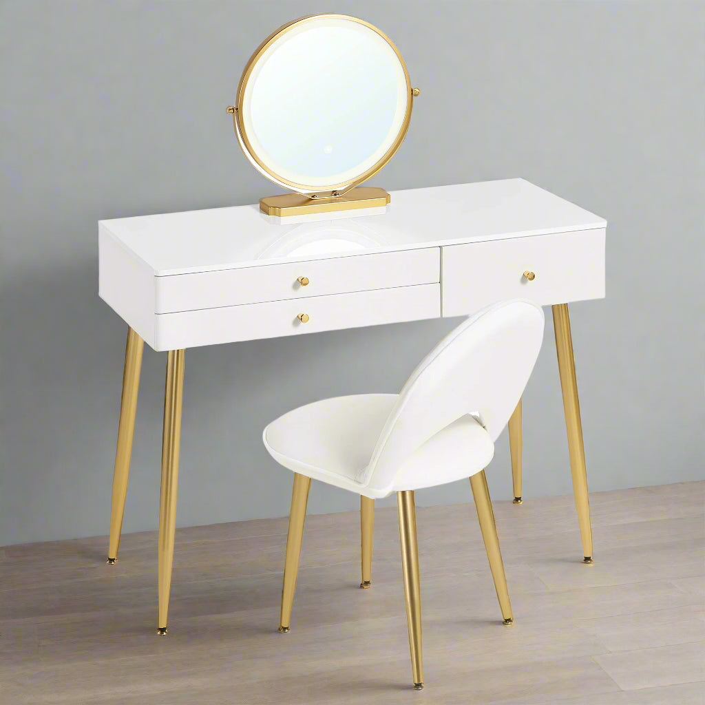 Kaptafel - Make-Up Tafel - Kaptafel Set met Verlichte Spiegel – Verstelbare LED – Make-up Tafel met 3 Lades - Fluwelen Stoel – Moderne Slaapkamermeubel - Tafel 100x40x122cm - Stoel 44x47x80cm - Wit - QUORE