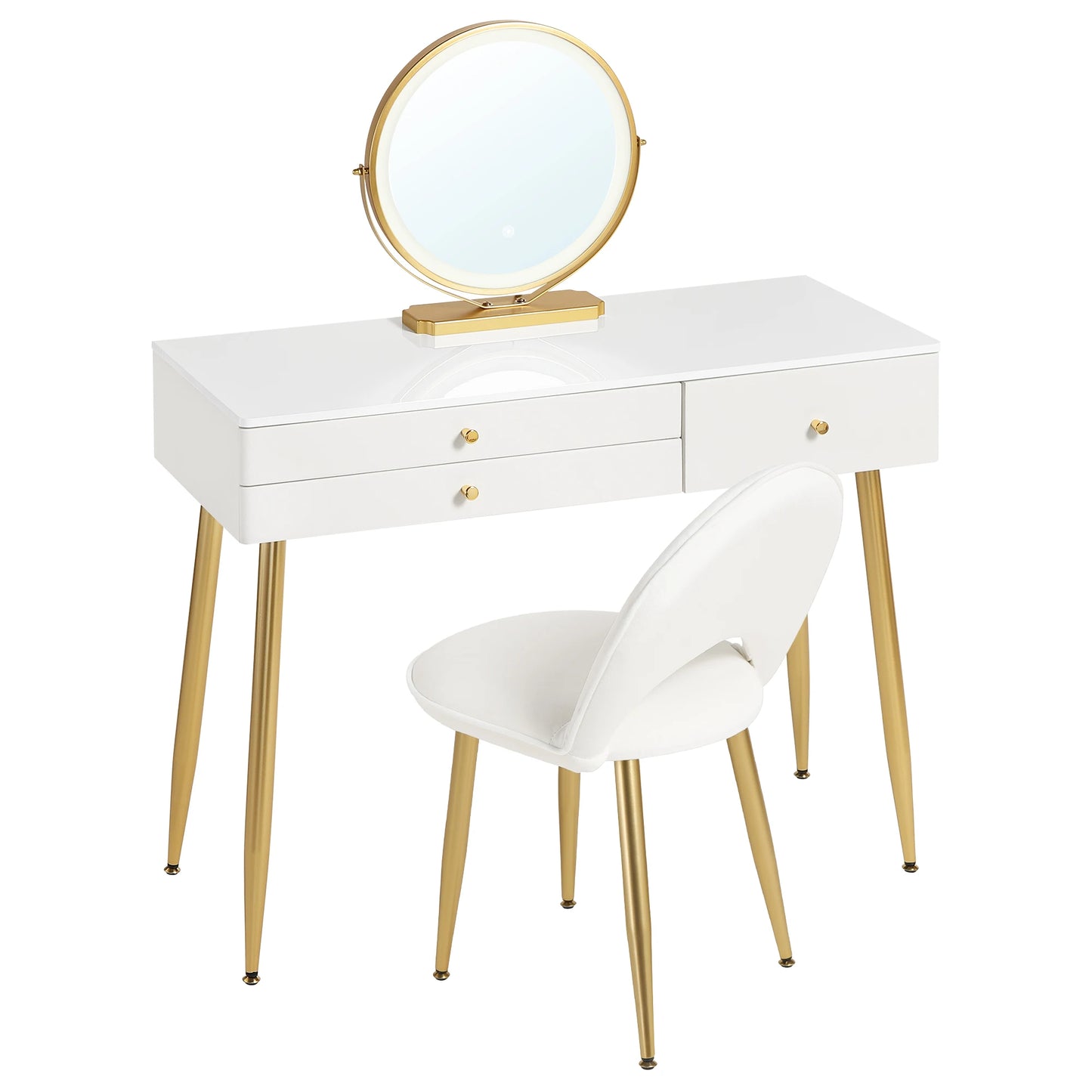 Make-up Tafel - met Spiegel - LED Spiegellicht - Kaptafel - Verstelbare - 100x40x122 cm - 3 Lades - Velvet Kruk - voor Slaapkamer -1SET - Wit