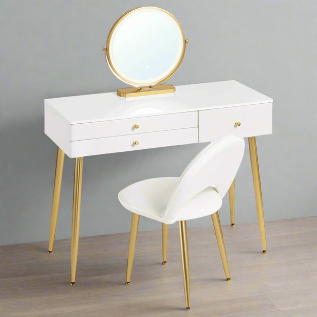 Kaptafel - Make-Up Tafel - Kaptafel Set met Verlichte Spiegel – Verstelbare LED – Make-up Tafel met 3 Lades - Fluwelen Stoel – Moderne Slaapkamermeubel - Tafel 100x40x122cm - Stoel 44x47x80cm - Wit