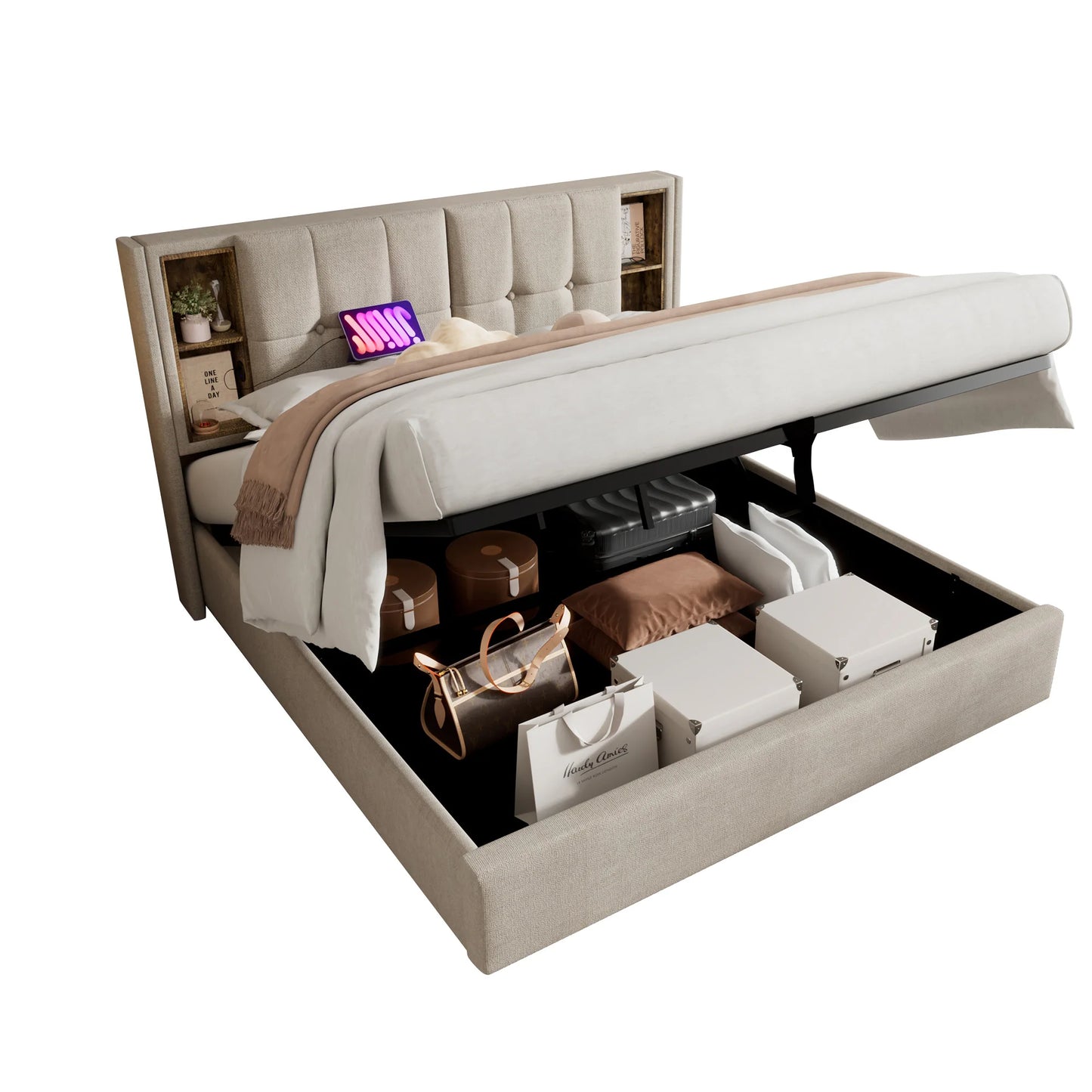 Tweepersoonsbed – Bed – Boxspring – Bedframe – Slaapbed – Beige Linnen – 140x200 cm – Draadloze Qi Oplader & Opbergruimte Met Gasdrukmechanisme