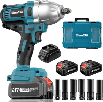 Elektrische Slagschroevendraaier – Slagmoersleutel – Accuschroevendraaier – Draadloze Schroevendraaier – Impact Wrench – 900 Nm Koppel – 2x21V Lithium-Ion Batterij – Geïntegreerde LED-Verlichting