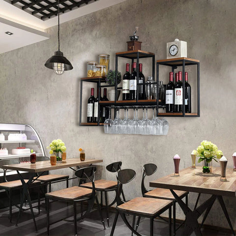Wine Rack - Wine Bottle Rack - Wijnrek - Wijnflessenrek - Metalen Wijnfleshouder - Industrieel Wandgemonteerd Wijnrek - Luxe Opslag voor Wijnflessen & Glazen