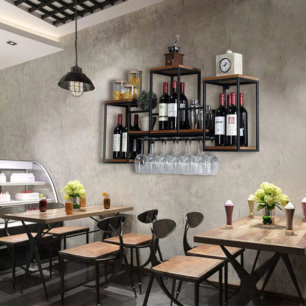 Wine Rack - Wine Bottle Rack - Wijnrek - Wijnflessenrek - Metalen Wijnfleshouder - Industrieel Wandgemonteerd Wijnrek - Luxe Opslag voor Wijnflessen & Glazen