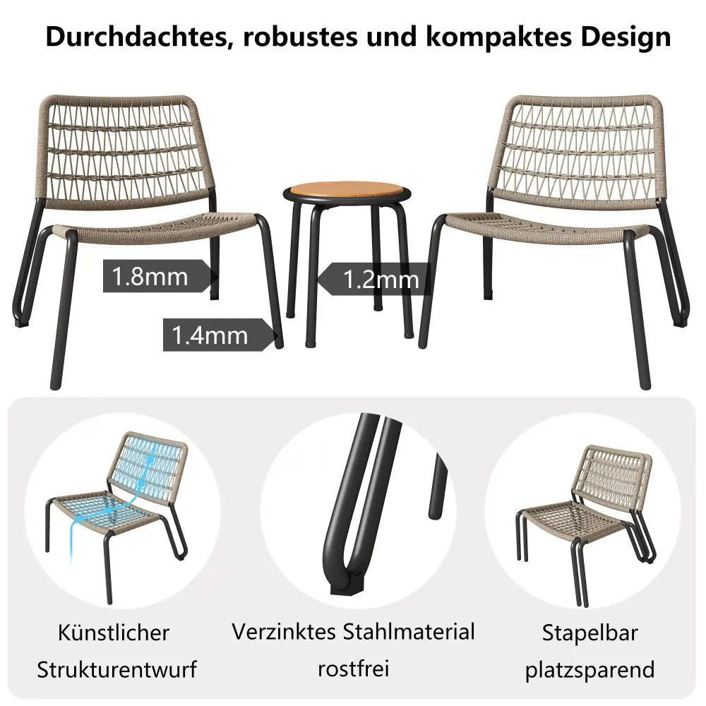 Balkonset – Balkonmeubelset – Tuinset – Terrasmeubels – Verzend Staal Frame – UV-Bestendig Rope – Massief Acaciahouten Tafel - Capaciteit 160kg - Khaki