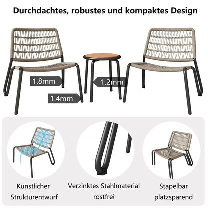 Balkonset – Balkonmeubelset – Tuinset – Terrasmeubels – Verzend Staal Frame – UV-Bestendig Rope – Massief Acaciahouten Tafel - Capaciteit 160kg - Khaki