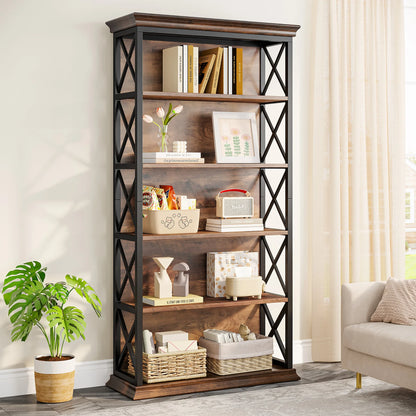 Boekenkast – Wandplank – Boekenrek – Wandrek – Boekenplank – 6 Laags – Industrieel Metaal & MDF – 180 cm Hoog – 25 kg Draagkracht Per Plank - QUORE