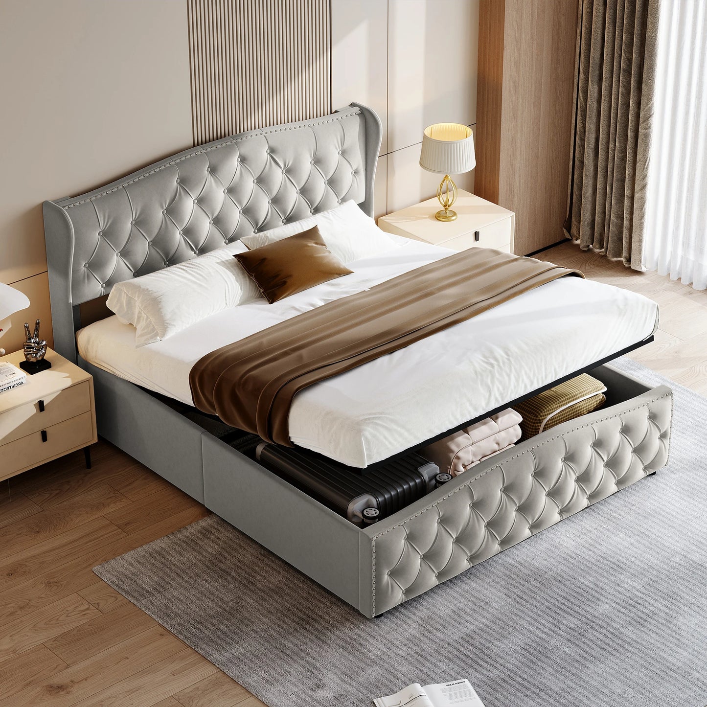 Velvet Bed – Slaapbed – Opbergbed – Bed Met Laden – Scandinavisch Bed – Ruime Opberglade – Stevig Houten Frame - Lichtgrijs - 140 x 200 cm