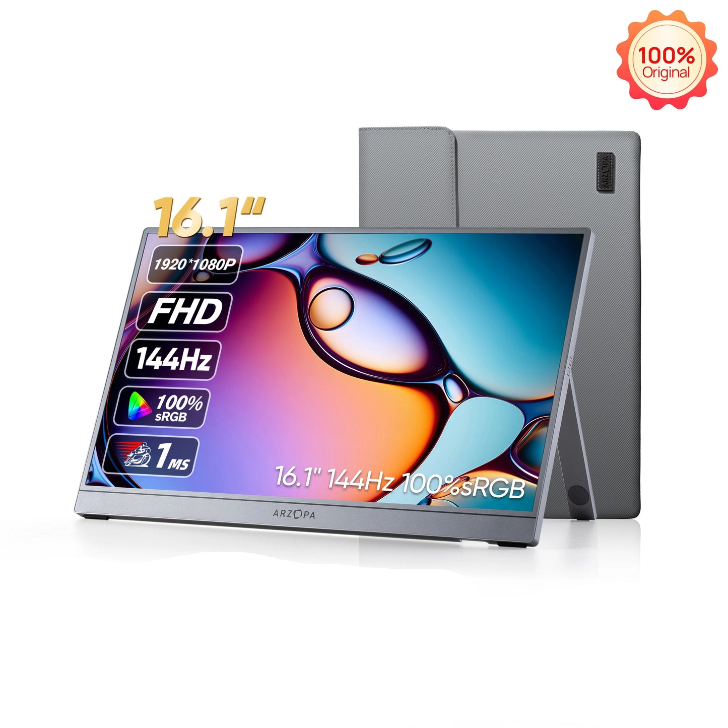 Draagbare Gaming Monitor – Extern Scherm – Portable Display – Tweede Monitor – Full HD 16,1 inch – 144 Hz Verversingssnelheid – 100% sRGB Kleurbereik – Ultra Dun Aluminium Design – Inclusief Waterdichte Opbergtas