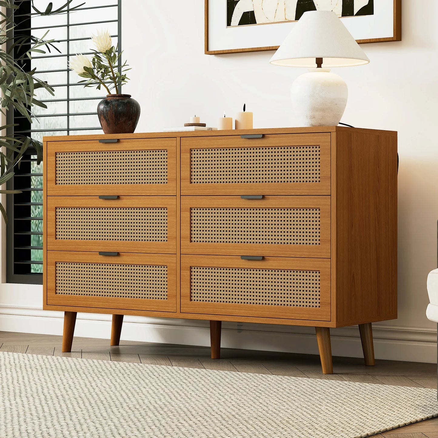Ladekast – Opberger – Kast – Bergmeubel – Dressoir – 6 Ruime Lades – Walnotenkleur – Massief Houten Poten - QUORE