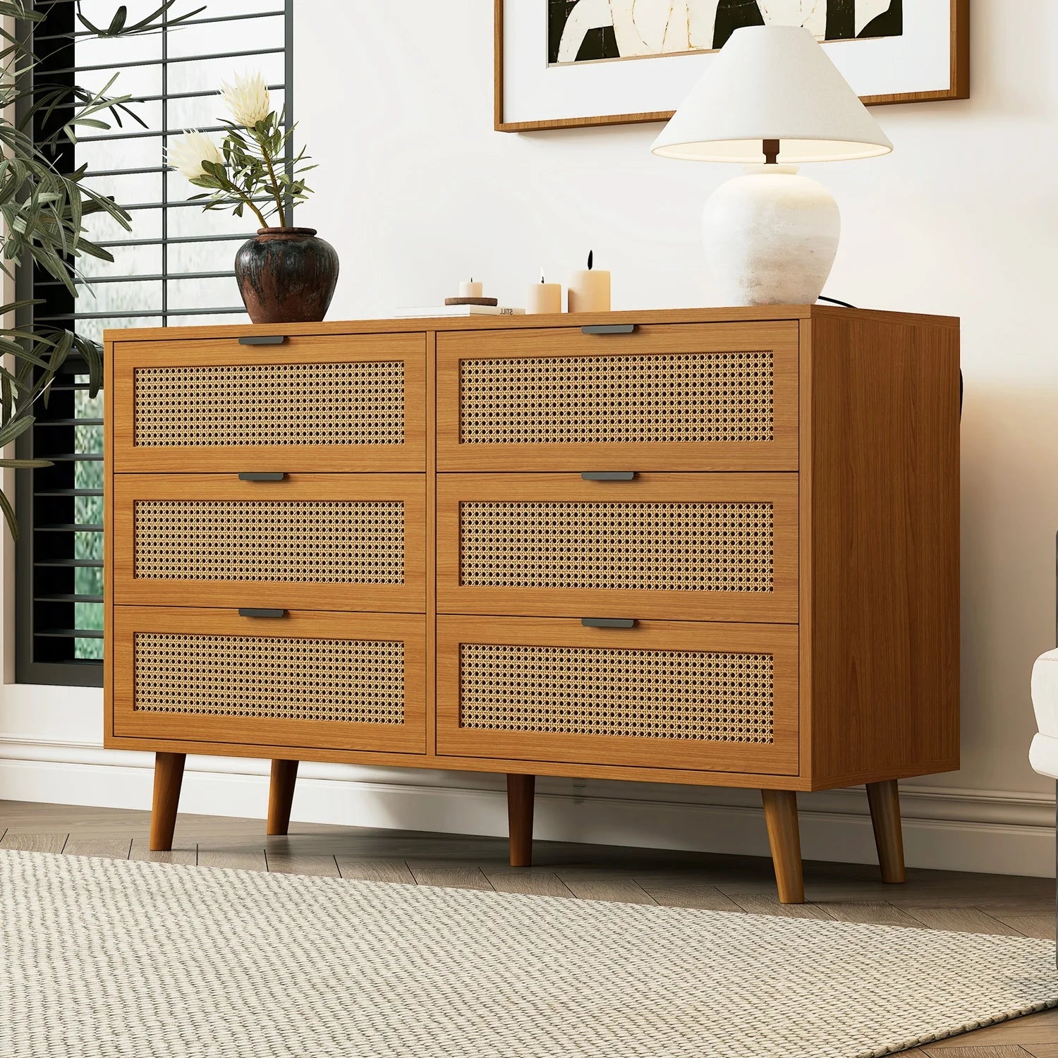 Ladekast – Opberger – Kast – Bergmeubel – Dressoir – 6 Ruime Lades – Walnotenkleur – Massief Houten Poten - QUORE