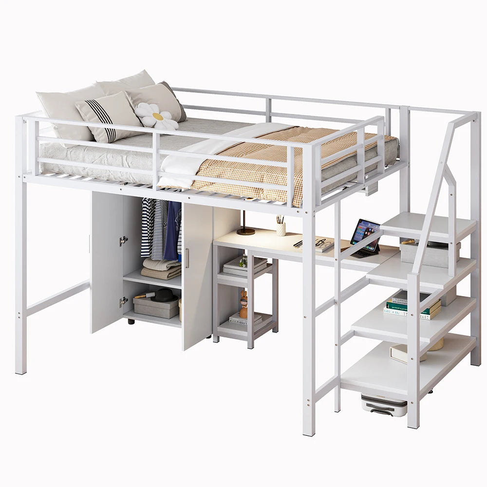 Kinderhoogslaper – Hoogslaper – Stapelbed – Halfhoogslaper – Multifunctioneel Bed – Wit 140x200cm – Met Kast En Bureau – Stevig Ijzeren Frame