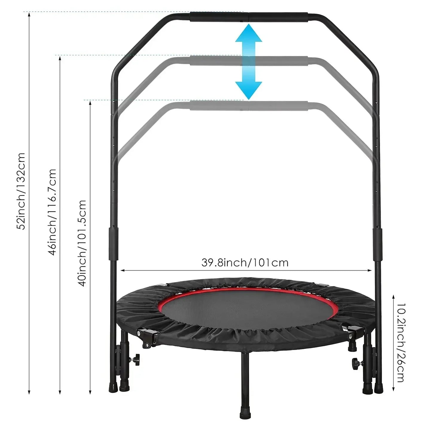 Fitness Trampoline - Mini Trampoline - Opvouwbaar Ontwerp - 40 Inch - Met Verstelbare Handgreep - Indoor Rebounder - Rubberen Antislip Voetjes - Voor Sport - Cardio Workout - Max 150 kg - Black en Rood - QUORE