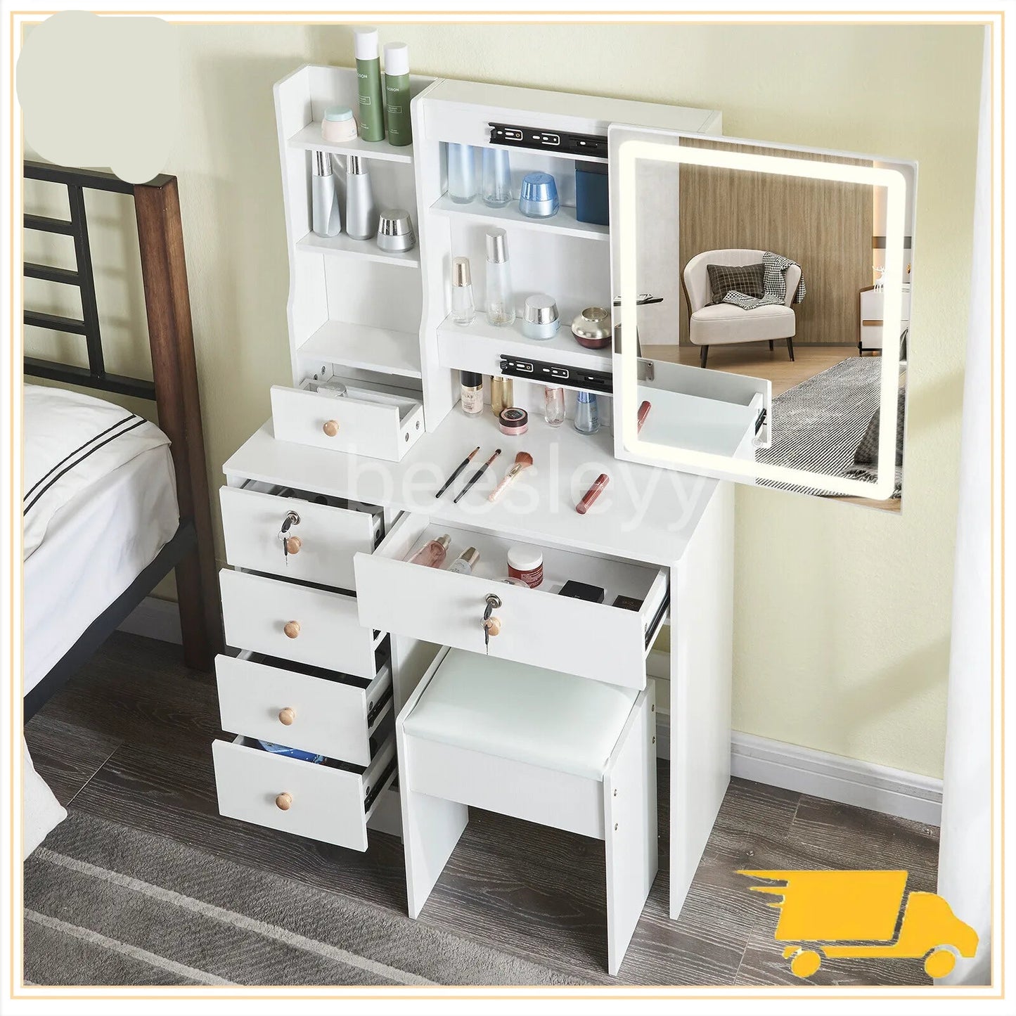 Kaptafel – Make-uptafel – Schminktisch – Vanity – Dressoir – Wit – Met Dimbare LED-Verlichting – Inclusief Comfortabele Kruk